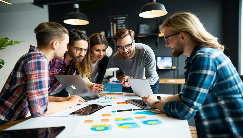 Professional web design and development team collaborating on a project